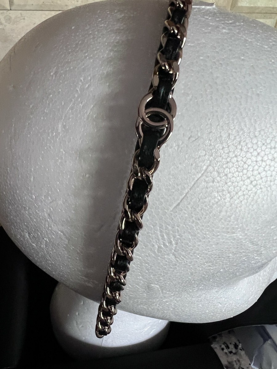 CHANEL 22S CLASSIC BLACK LEATHER GOLD CHAIN HEADBAND CC LOGO BOX