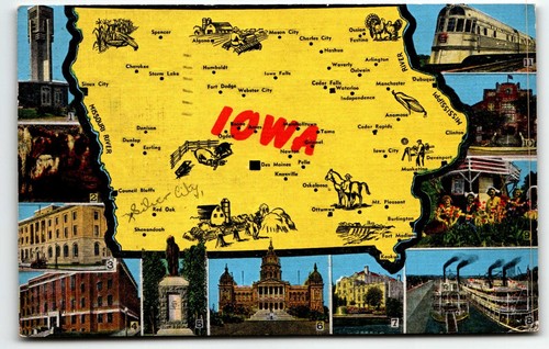Iowa Map Postcard with Multiviews of IA Attractions - Picture 1 of 2