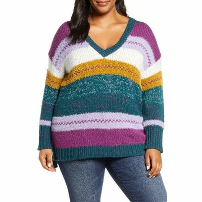Caslon Sweater 1X Plus Size Purple Green Multicolor Mixed Stripe V-Neck NWT NEW