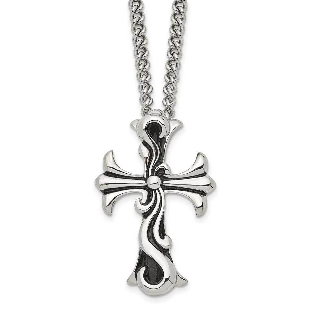 ☆【VINTAGE HOLLYWOOD】☆Delicated Texture Cross Necklac.e Stainless Steel Antiqued Polished & Textured Scroll Cross 22