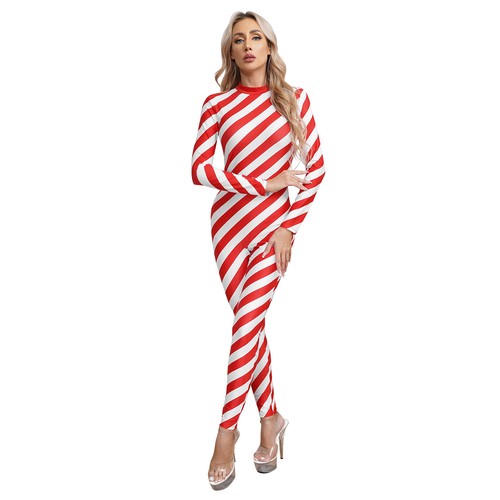 Women Candy Cane Costumes Christmas Striped One-piece Full Jumpsuit Bodysuit - Picture 5 of 43