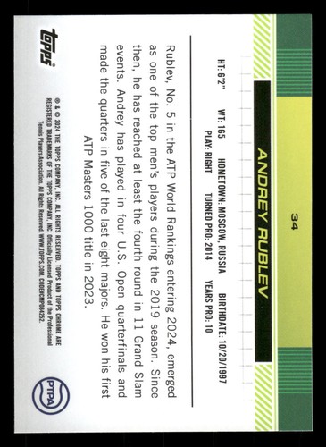 2024 Topps Chrome Tennis ANDREY RUBLEV 1ST #34 - Picture 2 of 2