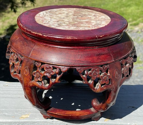Antique Chinese Hand Carved Wooden Prunus Cherry Blossom Stand w/ Marble Stone - Picture 3 of 9
