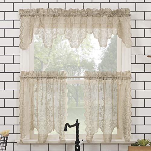 Alison-Tr Floral Lace Sheer Rod Pocket Kitchen 58" x 14" Stone Kitchen Valance - Picture 3 of 5