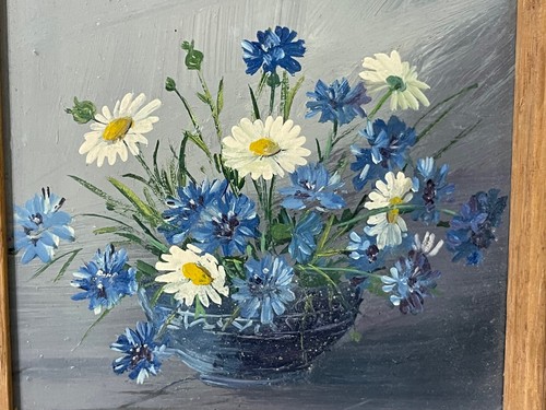 Vintage Signed Oil on Board Floral Still Life Painting Abietsan Studio London - Photo 5 sur 8