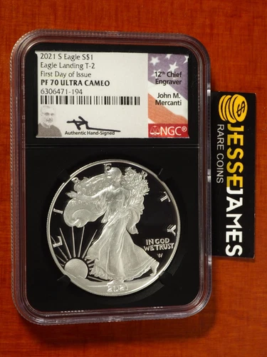 2021 S PROOF SILVER EAGLE NGC PF70 MERCANTI SIGNED FIRST DAY OF ISSUE FDI TYPE 2