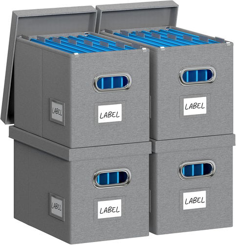 Hanging File Box with Lid, Set of 4 Filing Organizer Storage Box, Linen Collapsi