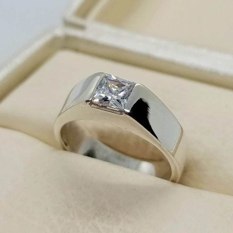 7mm Princess Moissanite Man's Tension Set Solitaire Band 14k White Gold Plated