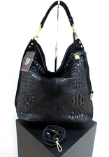 ITALIAN X-LARGE SHOULDER BAG LEATHER & SUEDE CROCO EMBOSSED; DIVA- MADE IN ITALY