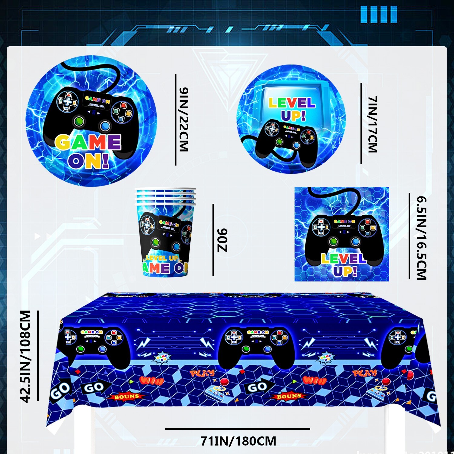Gaming Birthday Decorations Blue, Gaming Birthday Party Tableware Set Serves 20