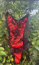 Vintage Red Satin Black Lace Teddy High Leg Bodysuit