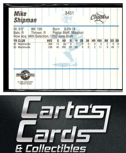 Mike Shipman 1994 Fleer ProCards #3451 Batavia Clippers - Picture 2 of 2