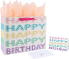 13” Large Colorful Happy Birthday Gift Bag Set with Handles, Greeting Card, Tiss