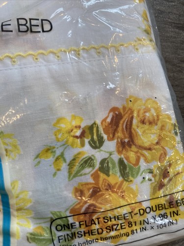 Vintage neu im Paket J C Penny gelb Blumen ein flaches Laken Doppelbett - Bild 4 von 4