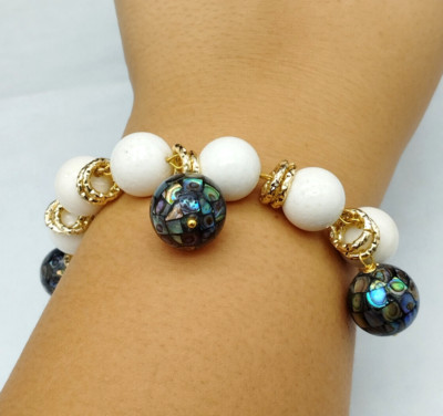Damen Armband weißer Achat und Aleotis Kugeln 925 Silber Kette vergoldet