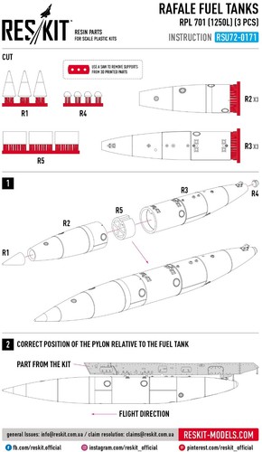 Rafale fuel tanks RPL 701 (1250L) 3pcs 3D printing ResKit RSU72-0171 Scale 1:72 - Picture 2 of 24