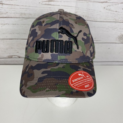 PUMA HERREN GRÜN TARNNETZ 6 PANEL DESIGN KUGELKAPPE MÜTZE S/M STRETCH PASSFORM NEU MIT ETIKETT