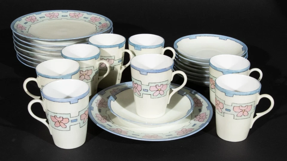 Tríos de platillos de taza Art Deco antiguos (8) pintados a mano firmados L. Allen 1920 raros Foto 2 de 4