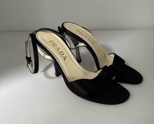 Sandalias Prada para mujer negras satinadas metálicas plateadas con correa al tobillo ~ UK 5 EU 38 - Imagen 3 de 13