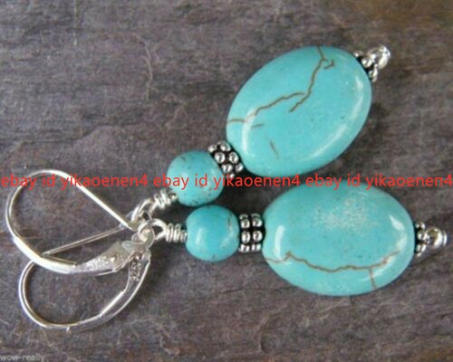 Fashion 13x18mm Blue Turquise & 6mm Turquise Beads Silver Leverback Earrings - Picture 7 of 12