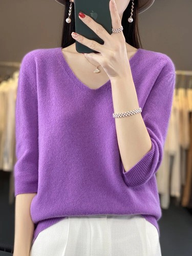 Kurzarm Damen Pullover Pulli Basic Oberteile V-Ausschnitt Pulli Strickbekleidung - Bild 13 von 35