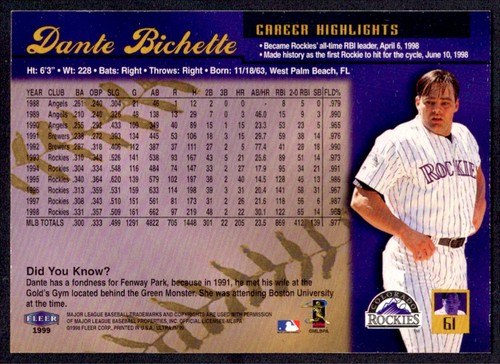1999 Ultra Dante Bichette Colorado Rockies #61 - Picture 2 of 2
