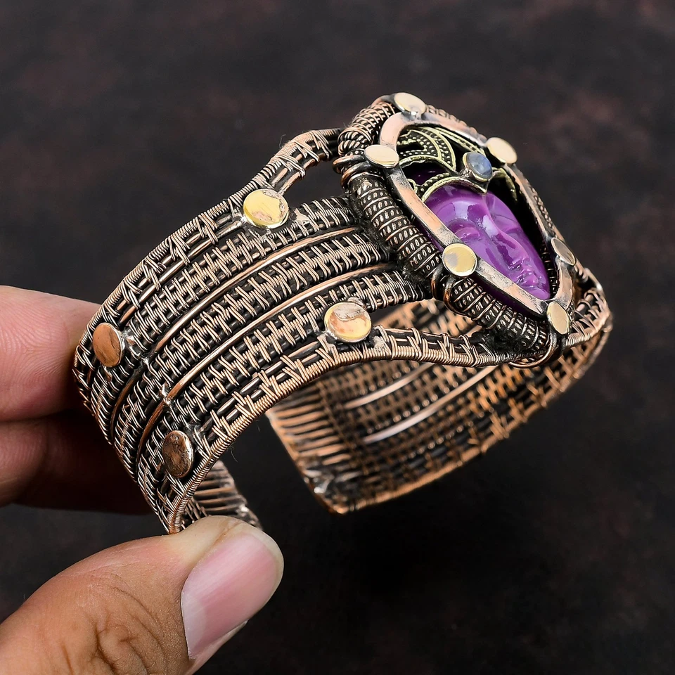 Pulseira de cobre pera roxa esculpida rosto pedra arco-íris pedra da lua esposa fio embrulhado - Imagem 4 de 4