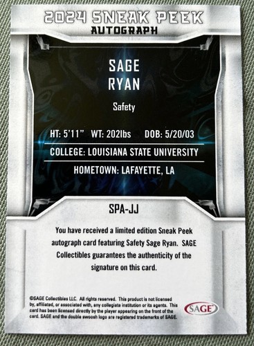 2024 SAGE High Series Sneak Peek Red SAGE RYAN #SPA-JJ Rookie RC Auto LSU Tigers - Picture 2 of 12