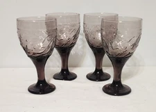 Vtg Set 4 Libbey Purple Amethyst Glass Ice Tea/ Water Goblets W/ Vine Pattern