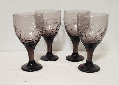 Vtg Set 4 Libbey Purple Amethyst Glass Ice Tea/ Water Goblets W/ Vine Pattern - Picture 1 of 3