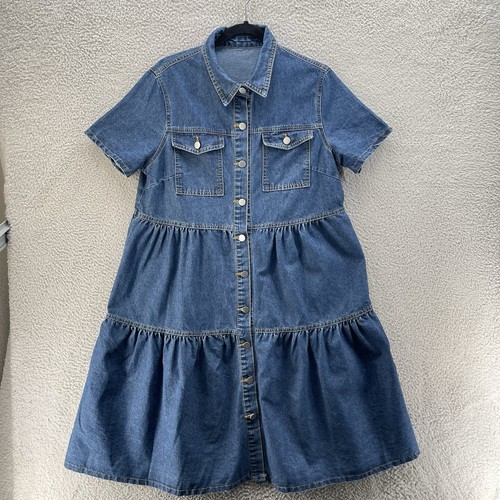 Jeanskleid Damen groß blau Knopfleiste Stufen Kurzarm Oversize Lagenlook - Bild 1 von 10