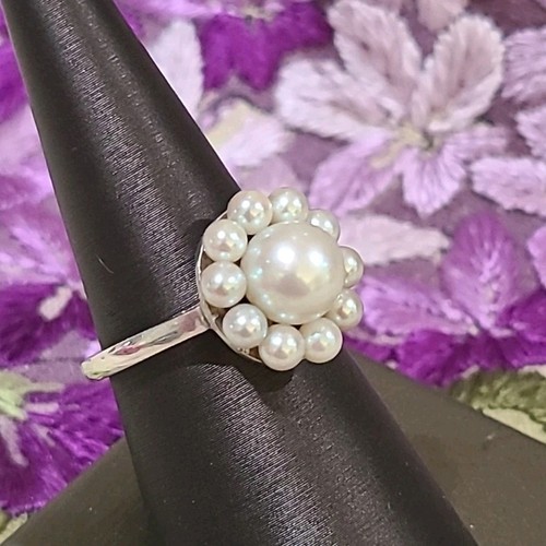 ANILLO de colección firmado MIKIMOTO 7,7 mm AKOYA PEARL Halo racimo tamaño 7,25 esterlina - Imagen 8 de 19