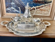 Vintage Silver Plate on Copper Tea Set Tea Pot Sugar Creamer with Tray
