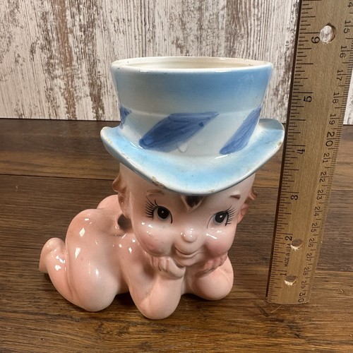 Relpo Napco Baby Boy Crawling Head Vase Vintage Hat Blue Planter Japan Rare - Picture 8 of 11