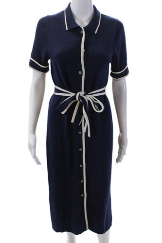 J Crew Womens Merino Wool Collar Belted Short Sleeve Sweater Dress Navy Size S