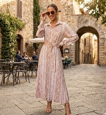 LUCIE PARIS Pleated Midi Dress XS Snakeskin Print Long Sleeve Belted Button Up