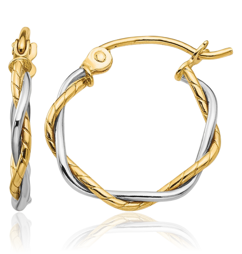 14K Solid Two Tone Gold 1.8mm Twisted Round Small Hoop Earrings - Picture 1 of 11