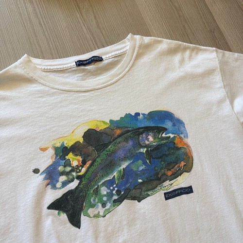 Men's Vintage 90's Exoficcio Rainbow Trout Fish Painting White Tee Shirt Sz XL - Picture 2 of 4