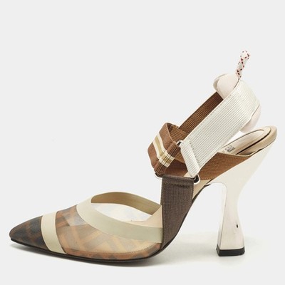 Fendi Colibri Size 35 Two Tone Canvas and Mesh Slingback Pumps
