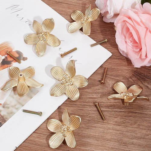 6 Sets Gold Flower Knobs Alloy Drawer Pulls Single Hole Handles for Cabinets - Picture 4 of 6