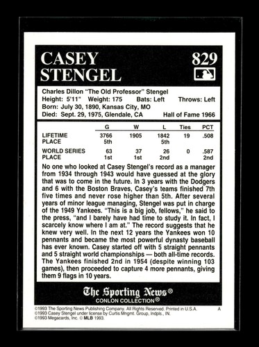 Colección Conlon 1993 #829 Casey Stengel (EX)(BAS) - Imagen 2 de 2