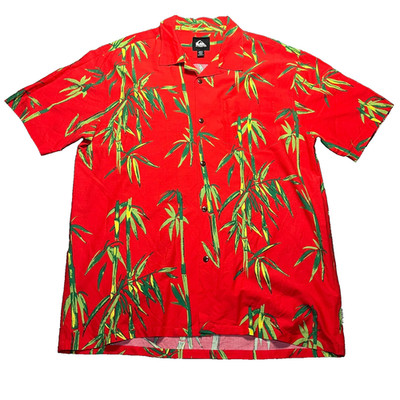 Quiksilver Hawaiian Shirt Mens XL Red Bamboo AOP Loop Collar Button Up Summer