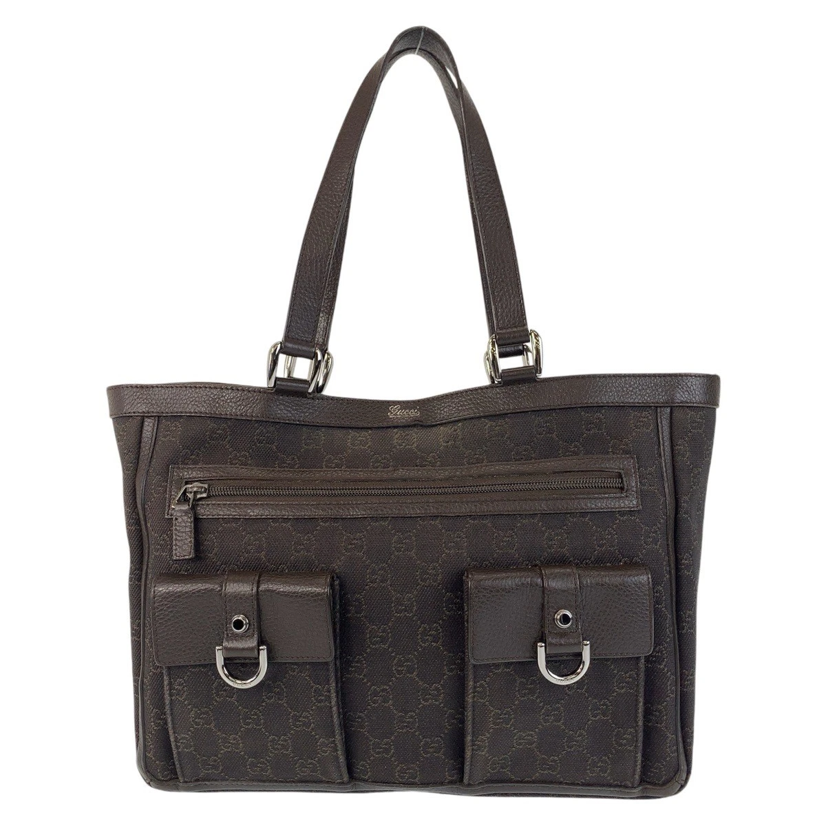 Sac fourre tout GUCCI Abbey marron ferrures métal argenté GG toile cuir 268639 Sh
