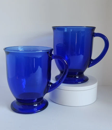 Set Of 2 Vintage Large Anchor Hocking Cobalt Blue Glass Coffee or Tea Mugs 16 Oz