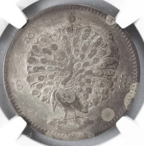 Burma PEACOCK 1852 AD Kyat Silver Coin CS1214 Myanmar Asian Mandalay Mint NGC XF