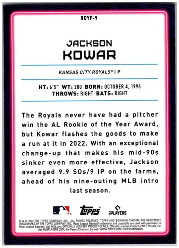2022 Bowman Chrome #ROYF-9 Jackson Kowar - ROY Mojo Refractor FREE SHIPPING! - Picture 2 of 2