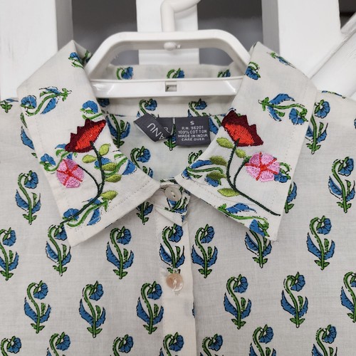 Anu Womens Small Embroidered Button Up Blouse Roll Tab Sleeve Top Floral Tunic - Picture 9 of 11