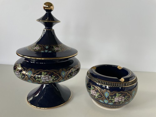 Cobalt Blue & Gold Floral Lidded Porcelain Candy Dish & Ashtray Florence Italy