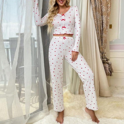 Women Pajama Set Two-piece Elegant Lace Trim for with Long Sleeve V-neck Tops