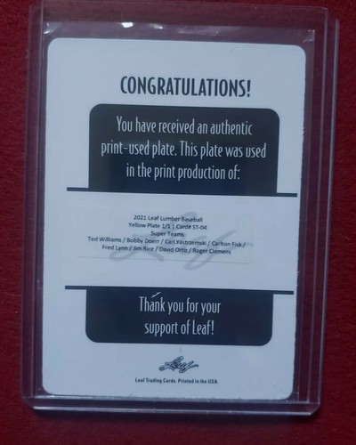 2021 Leaf Lumber Ortiz Clemens Ted Williams Rice Printing Plate #d 1/1 - RED SOX - Picture 4 of 8
